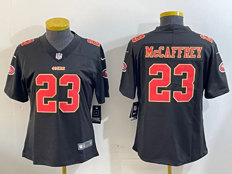 Women San Francisco 49ers #23 Mccaffrey Black Gold 2024 Nike Vapor Limited NFL Jersey style 1202->women nfl jersey->Women Jersey